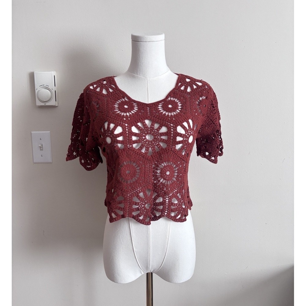 Rebellion Crochet Crop Top Medium Rust Orange Festival Grunge Peasant Cotton